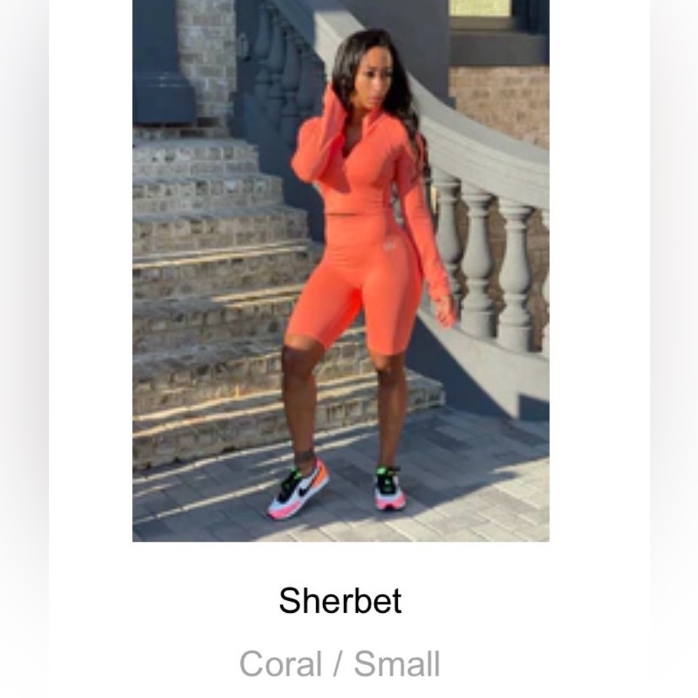 BodyNV Sherbet 3 Piece Coral Activewear Set Jacket, Sports Bar and Shorts Sz S - Picture 1 of 9